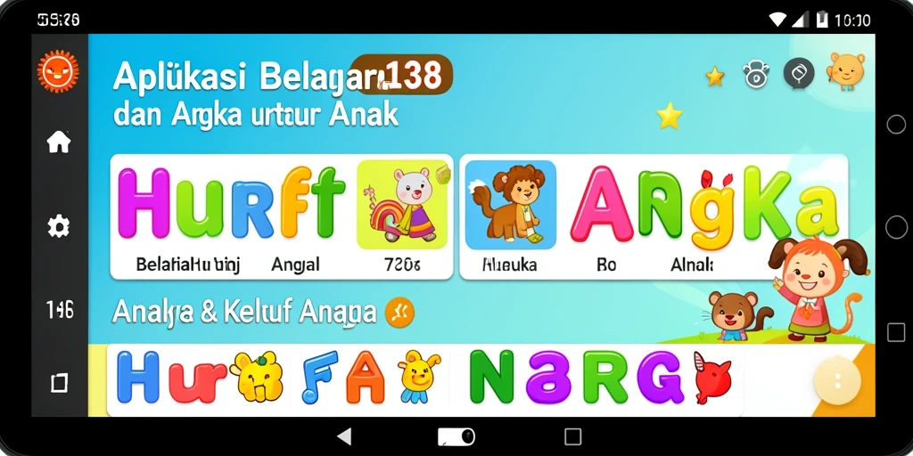 Tampilan antarmuka aplikasi MERDEKA138 yang menarik untuk belajar huruf dan angka.