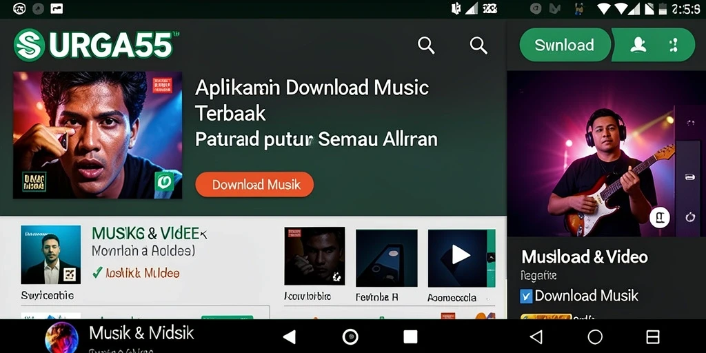 Antarmuka aplikasi SURGA55 untuk Download Musik yang sederhana dan menarik.